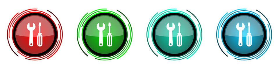 Tool round glossy vector icons, set of buttons for webdesign, internet and mobile phone applications in four colors options isolated on white background