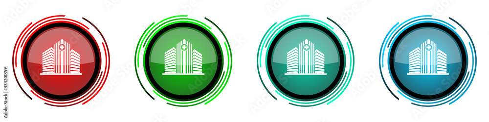 Poster hospital building round glossy vector icons, set of buttons for webdesign, internet and mobile phone
