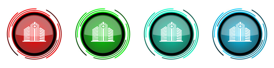 Hospital building round glossy vector icons, set of buttons for webdesign, internet and mobile phone applications in four colors options isolated on white background