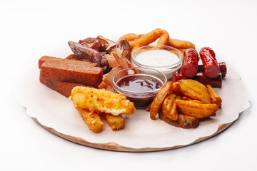assorted croutons, boiled crawfish, onion rings for beer