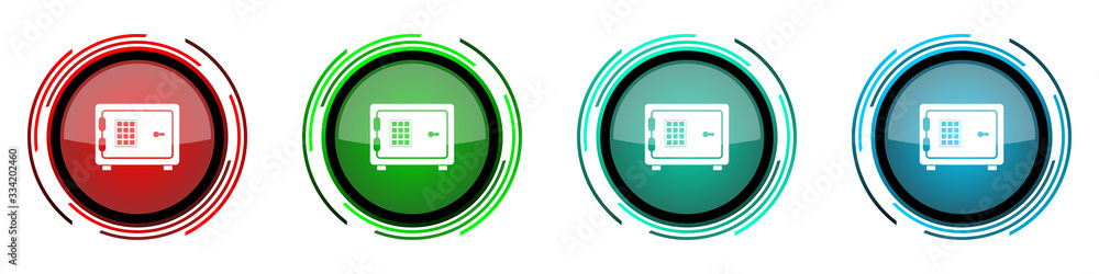 Aufkleber Digital safe round glossy vector icons, bank, business set of buttons for webdesign, internet and mobile phone applications in four colors options isolated on white background