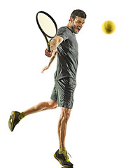 mature tennis player man backhand silhouette full length isolated white background