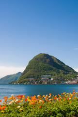 Beautiful mountain landscape on a sunny spring day in Lugano, Switzerland. View of Lake Lugano and the Alpine mountains, flowers in the front.