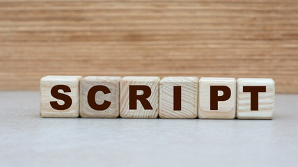 concept of the word SCRIPT on cubes on a wooden background