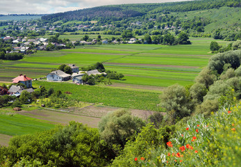 Obraz premium Ukraine, Podgora village, Ternopil region, Terebovlya district. Pidhiryan Monastery. View from the monastery to the neighboring villages of Podgora, Semeniv, Zelenche.