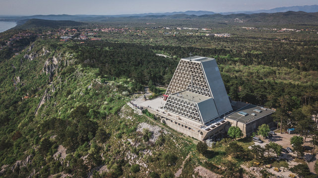 Aerial view of the The Temple of Monte Grisa, Roman-Catholic church north of the city of Trieste.