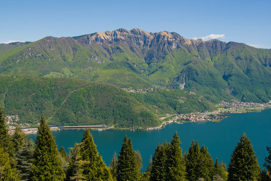 View of the Parco San Grato in Lugano, Switzerland. Alpine mountain scenery on a sunny summer day and views of Lake Lugano. 