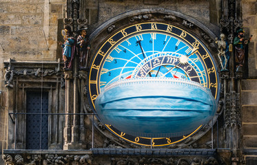 Mask Particulate Respirator in astronomical clock in Prague, Czech republic in the Old Town Square