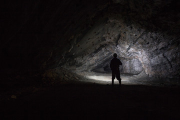 Miners in underground gold quartz mine tunnel - obrazy, fototapety, plakaty