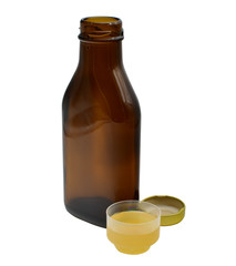 Braune Flasche mit Medizin und befülltem Messbecher