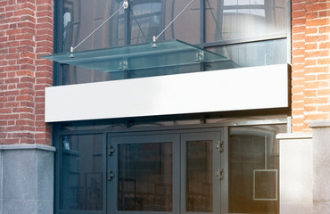 Blank white rectangular box store entrance mockup, glass brick wall