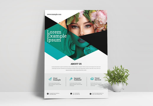 Flyer Layout with Green Geometric Overlay Elements
