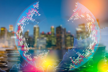 Stock market digital graph chart on LED display concept. A large display of daily stock market price and quotation. Indicator financial forex trade education background.  coins for finance concept