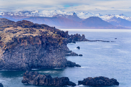 Seascape in Icelandic Hellnar village. Snaefellsnes peninsula in Western Iceland.