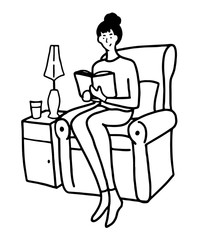 Fototapeta na wymiar Hand drawn vector illustration. Woman is sitting in a comfortable chair and reading a book. Favorite home hobby concept. Black outline graphic picture isolated in white. Doodles, flat, simple style.