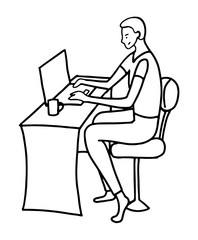 Hand drawn vector illustration. Young man is sitting at a table with laptop. Remote work, freelance concept. Minimalistic black outline graphic picture isolated in white. Doodle, flat, simple style.