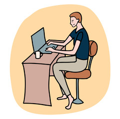 Fototapeta na wymiar Hand drawn vector illustration. Young man is sitting at a table with laptop. Remote work, freelance concept. Minimalistic colored cartoon graphic picture isolated in white. Doodle, flat, simple style.