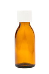 A transparent glass bottle on a white background