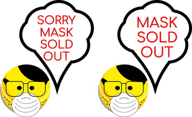 Coronavirus illustration - face medical mask sold out, banner and sticker