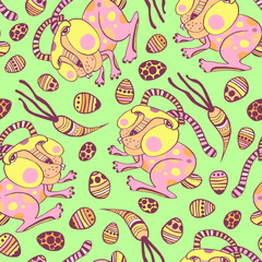 Fototapeta na wymiar Easter bunny, carrots and eggs seamless pattern. Vector colorful line art illustration.