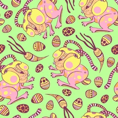 Fotobehang Naadloze herfst Easter bunny, carrots and eggs seamless pattern. Vector colorful line art illustration.  © Sonyara