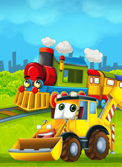 Cartoon funny looking train on the train station near the city and excavator digger car driving and plane flying - illustration