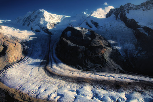 Gorner Glacier (Gornergletscher) seen from Gorner Ridge (Gornergrat) in Zermatt, Switzerland