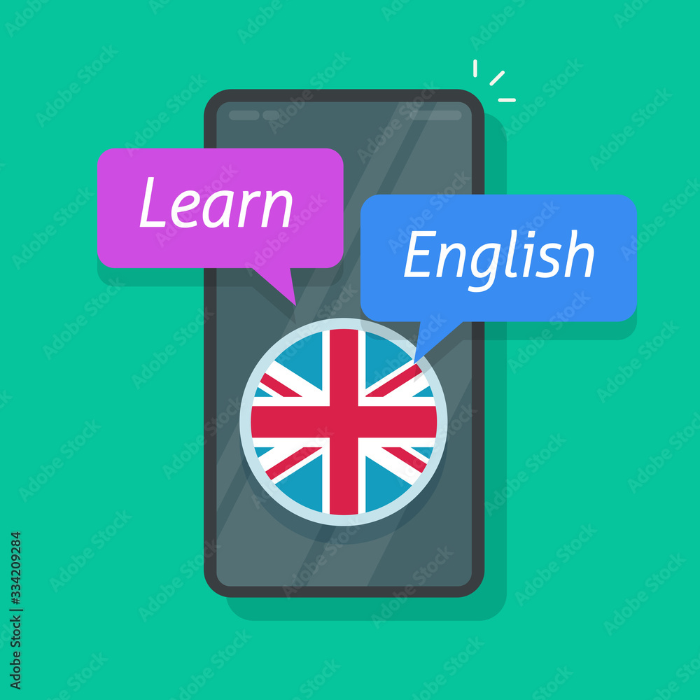 Aufkleber learning english on smartphone app or study foreign language on mobile cellular phone online vector 