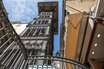The old Santa Giusta elevator is a landmark of Lisbon. Bottom view, close-up. Lisbon, Portugal