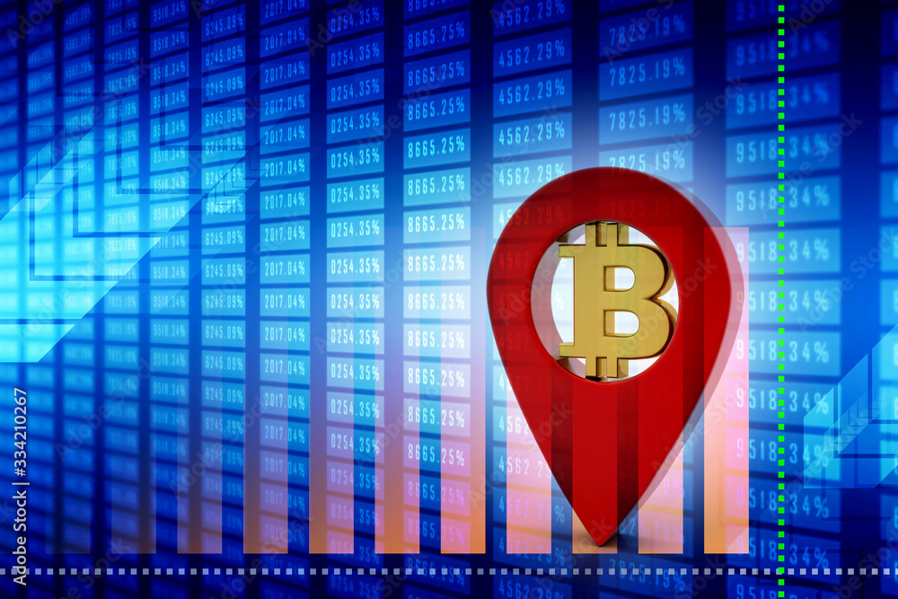 Poster 3d rendering bitcoin with navigation sign
