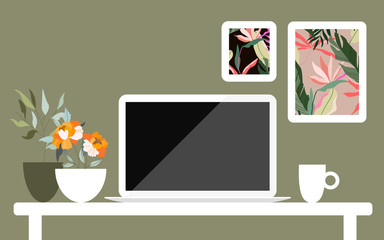 Home workspace illustration. Work from home. Worldwide quarantine concept. Modern interior design. Laptop, coffee cup and flowers in pots on the table, frames on the wall.