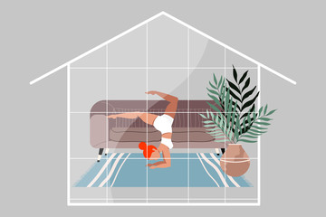 Girl doing yoga. Modern illustration of a woman doing yoga in the living room. House silhouette. Beautiful contemporary interior design. Cozy living and self isolation concept. Quarantine.