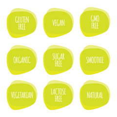 Organic Vegan Vegetarian Natural Smoothie Gluten Sugar Lactose GMO Free vector icon. Isolated label set. Symbol for food, product, healthy eating, design, sticker