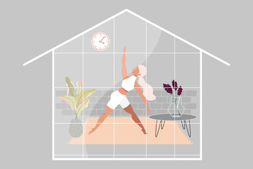 Girl doing yoga. Modern illustration of a woman doing yoga in the living room. House silhouette. Beautiful contemporary interior design. Cozy living and self isolation concept. Quarantine.