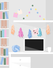 Light room workspace. Laptop on the table, tassels and garland on the wall, book shelf. Trendy white room interior illustration. Working from home. Working desk. Modern design for banner, card design.