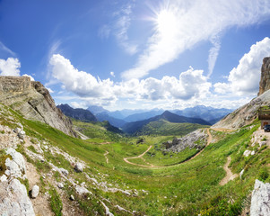 Cinque Torri five towers rock formation valley with blue sky