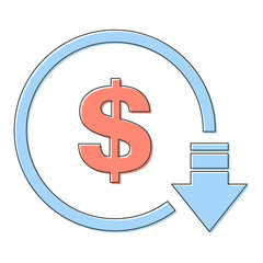 Cost reduction- decrease dollar icon. Vector symbol image isolated on background .