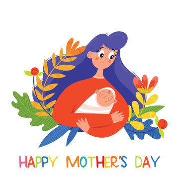 Happy Mother's Day greeting card in cartoon style. Cute vector illustration with woman and her child.