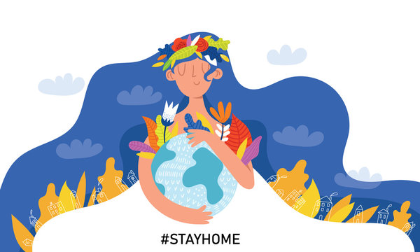 Stay at home illustration with woman, Earth and houses. Protection campaign or measure from coronavirus.Corona virus self-quarantine. Isolation period at home. Self-isolation shield from coronavirus.