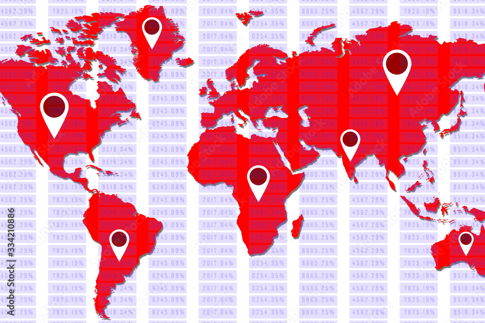 Fototapete 2d rendering red map pointer with world map