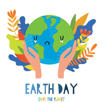 World Earth day concept.Cartoon Earth globe postcard. Earth day background.