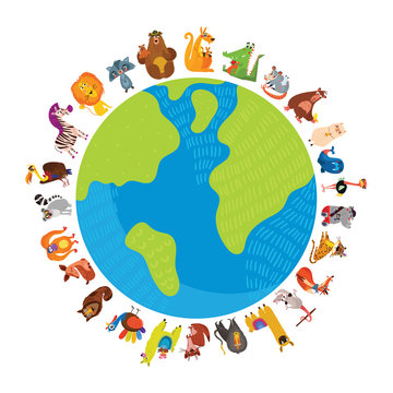 World animal day. Cartoon Earth postcard with cute wildlife animals. Use for kids and preschool education.