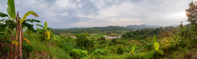 Overlooking a valley with banana trees and a small river and paddy fields. In the distance volcanos...