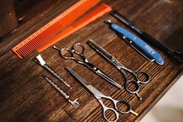 barber tool set on wooden table