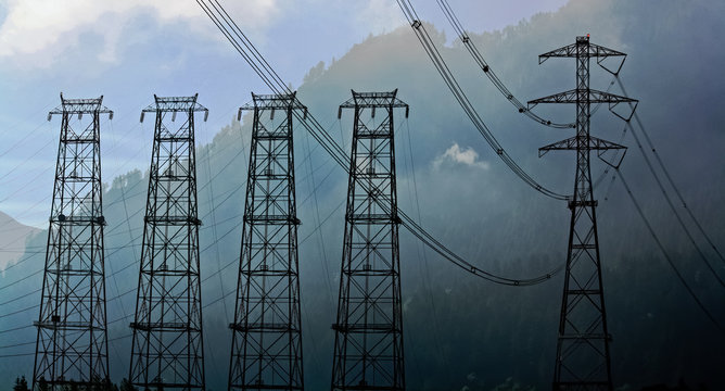 Electrical power lines through Columbia River Valley near The Dalles, Oregon, USA