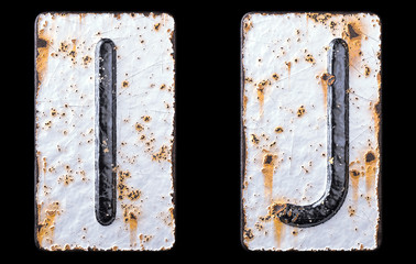 3D render set of capital letters I, J made of forged metal on the background fragment of a metal surface with cracked rust.