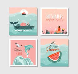 Hand drawn vector abstract graphic cartoon summer time flat illustrations cards template collection set with beach people,mermaid and whale,sunset and tropical birds isolated on white background
