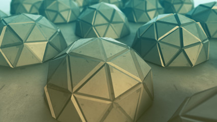 Polygonal metallic hemispheres 3D rendering