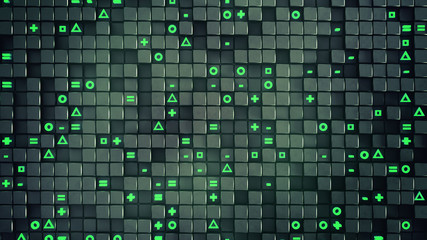 Wall of cubes and random symbols abstract 3D rendering