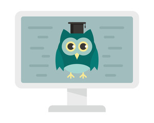 Distance learning. Vector illustration with monitor and wise owl, symbol of distance learning. Quarantined Learning